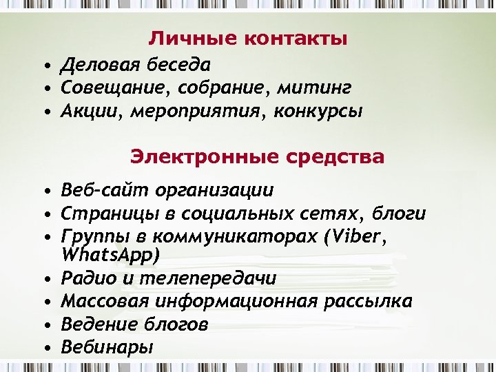 Личные контакты • Деловая беседа • Совещание, собрание, митинг • Акции, мероприятия, конкурсы Электронные