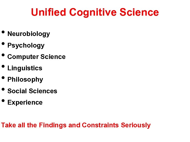 Unified Cognitive Science • Neurobiology • Psychology • Computer Science • Linguistics • Philosophy
