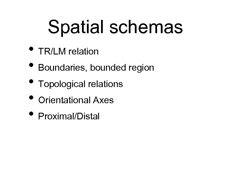 Spatial schemas • TR/LM relation • Boundaries, bounded region • Topological relations • Orientational