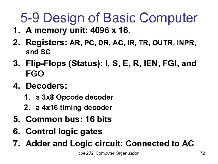 5 -9 Design of Basic Computer 1. A memory unit: 4096 x 16. 2.