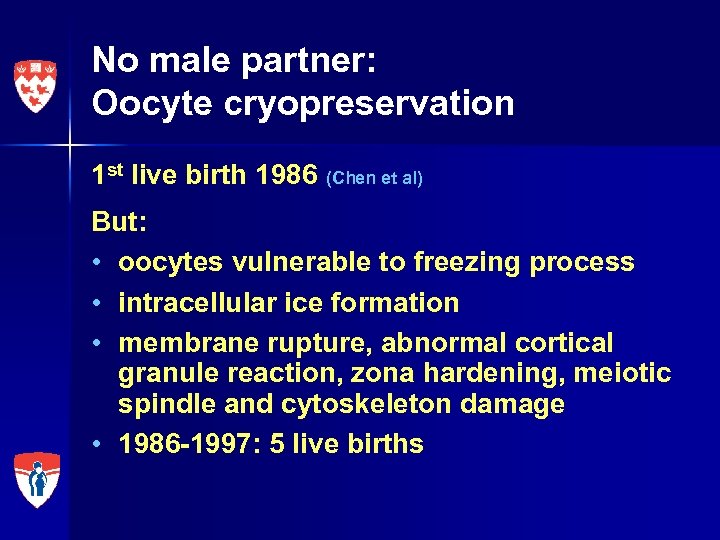 No male partner: Oocyte cryopreservation 1 st live birth 1986 (Chen et al) But: