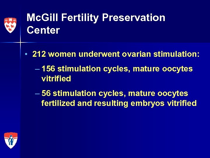 Mc. Gill Fertility Preservation Center • 212 women underwent ovarian stimulation: – 156 stimulation