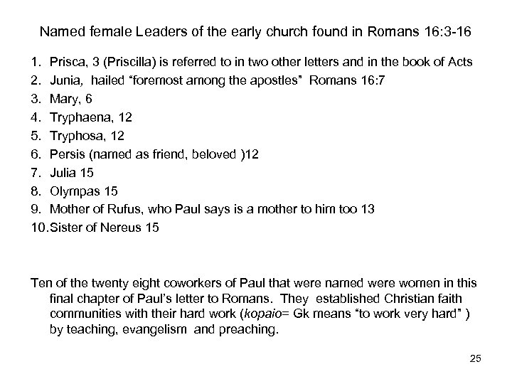 Named female Leaders of the early church found in Romans 16: 3 -16 1.