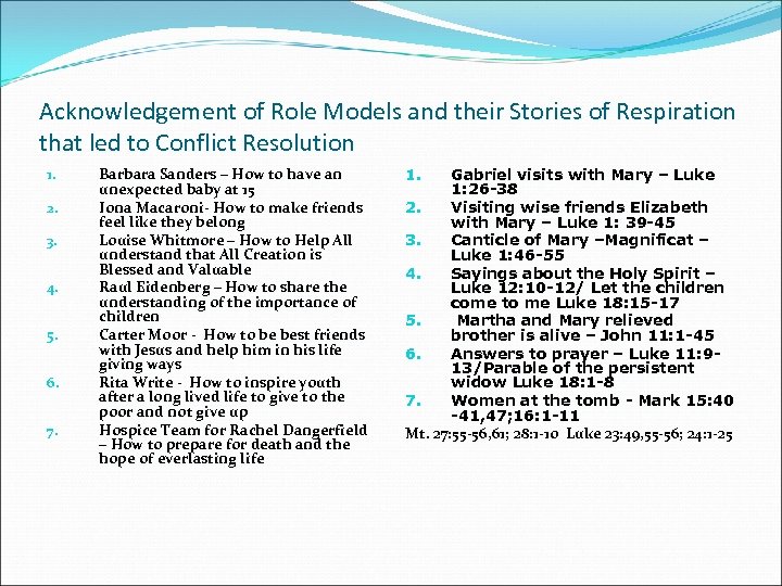 Acknowledgement of Role Models and their Stories of Respiration that led to Conflict Resolution