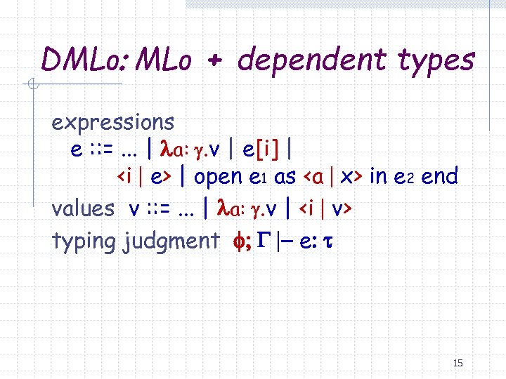 DML 0: ML 0 + dependent types expressions e : : =. . .