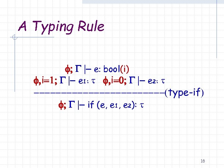 A Typing Rule f; G |- e: bool(i) f, i=1; G |- e 1: