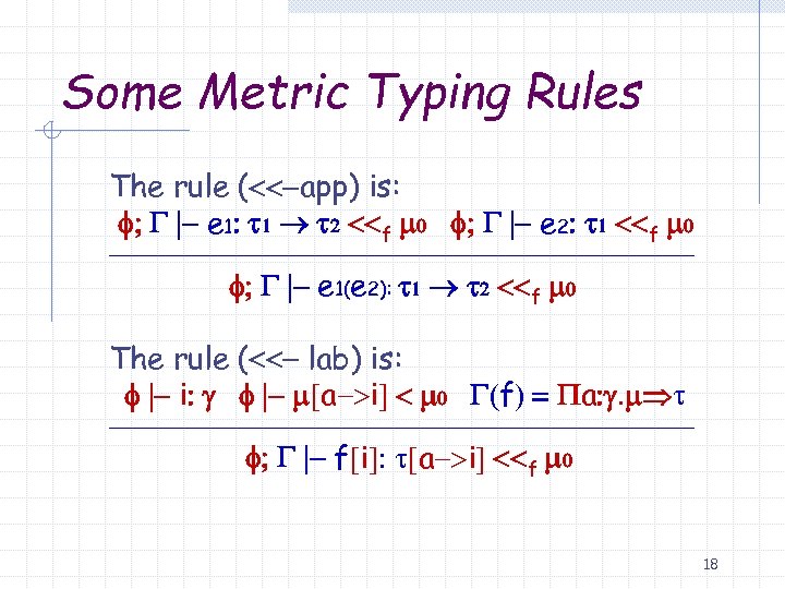 Some Metric Typing Rules The rule (<<-app) is: f; G |- e 1: t