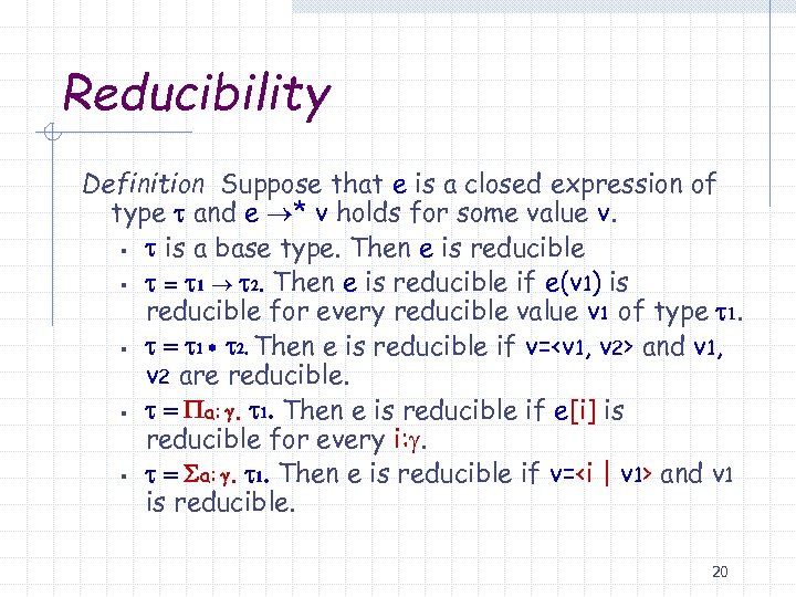 Reducibility Definition Suppose that e is a closed expression of type t and e