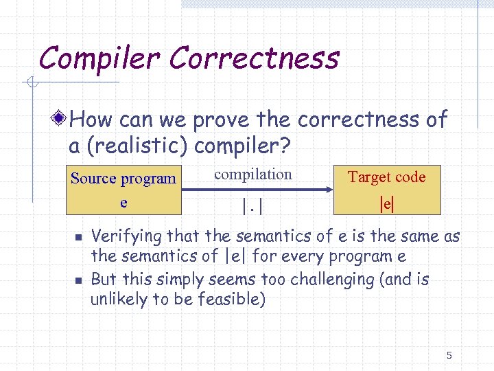 Compiler Correctness How can we prove the correctness of a (realistic) compiler? Source program