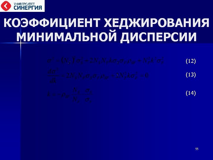 КОЭФФИЦИЕНТ ХЕДЖИРОВАНИЯ МИНИМАЛЬНОЙ ДИСПЕРСИИ (12) (13) (14) 55 