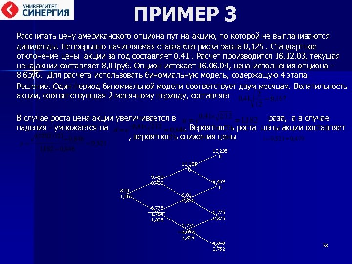 ПРИМЕР 3 Рассчитать цену американского опциона пут на акцию, по которой не выплачиваются дивиденды.