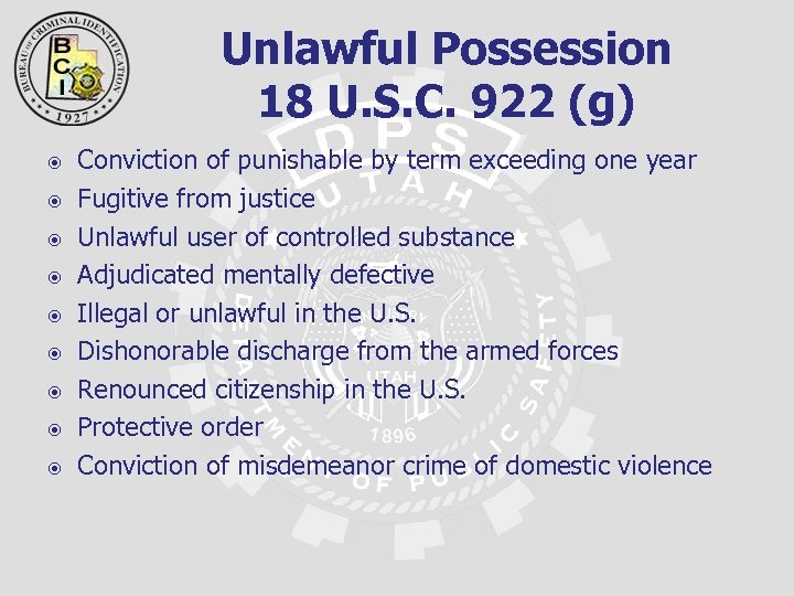 Unlawful Possession 18 U. S. C. 922 (g) Conviction of punishable by term exceeding