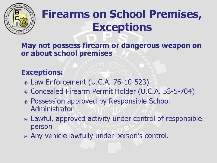 Firearms on School Premises, Exceptions May not possess firearm or dangerous weapon on or