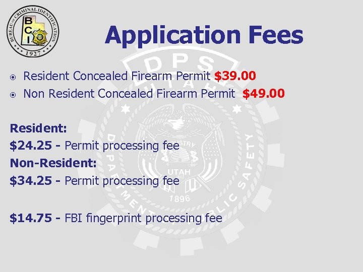 Application Fees Resident Concealed Firearm Permit $39. 00 Non Resident Concealed Firearm Permit $49.