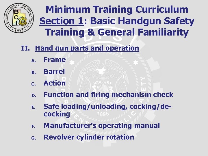 Minimum Training Curriculum Section 1: Basic Handgun Safety Training & General Familiarity II. Hand