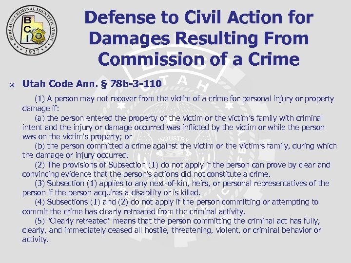 Defense to Civil Action for Damages Resulting From Commission of a Crime Utah Code