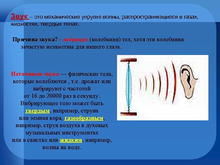 Звук – это механические упругие волны, распространяющиеся в газах, жидкостях, твердых телах. Причина звука?