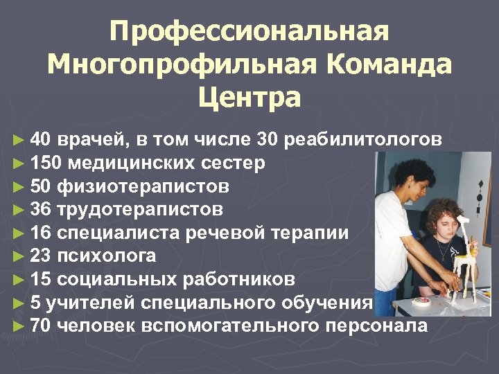 Профессиональная Многопрофильная Команда Центра ► 40 врачей, в том числе 30 реабилитологов ► 150