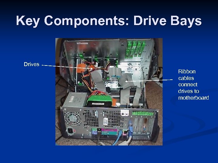 Key Components: Drive Bays Drives Ribbon cables connect drives to motherboard 