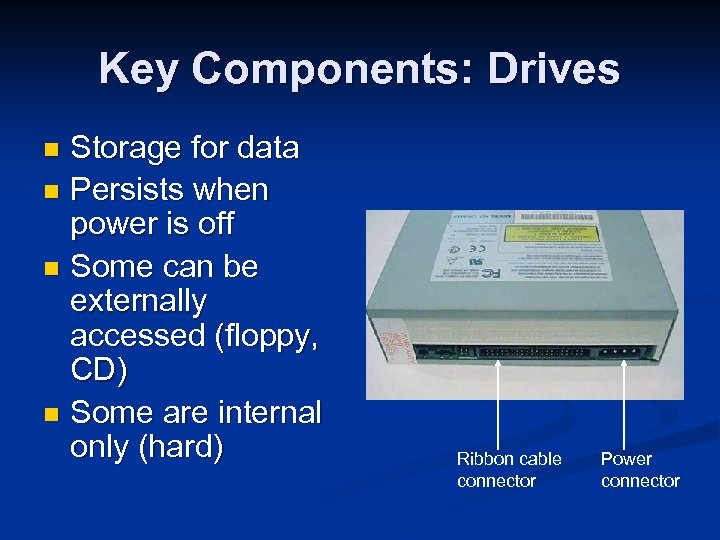 Key Components: Drives Storage for data n Persists when power is off n Some