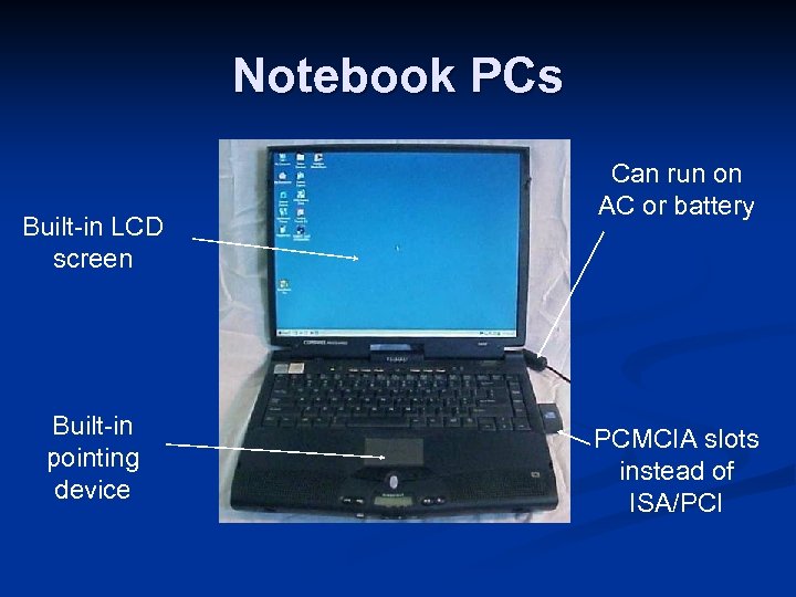 Notebook PCs Built-in LCD screen Built-in pointing device Can run on AC or battery