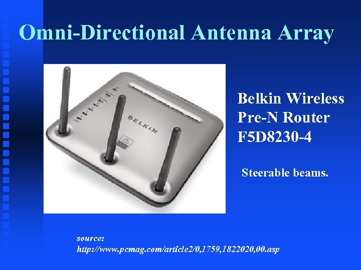 Omni-Directional Antenna Array Belkin Wireless Pre-N Router F 5 D 8230 -4 Steerable beams.