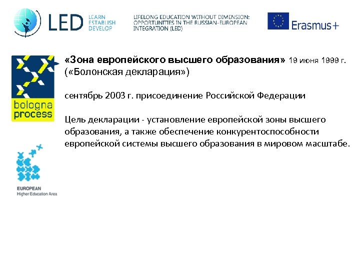  «Зона европейского высшего образования» 19 июня 1999 г. ( «Болонская декларация» ) сентябрь