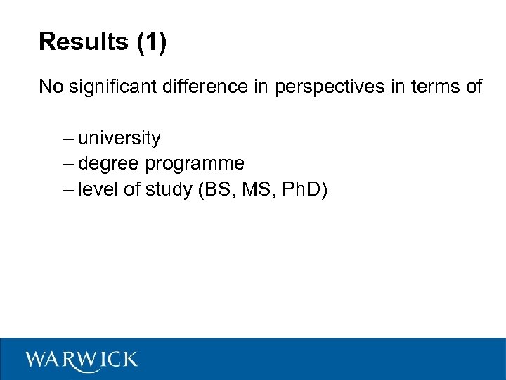 Results (1) No significant difference in perspectives in terms of – university – degree