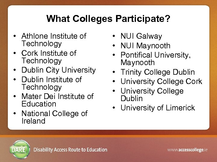 What Colleges Participate? • Athlone Institute of Technology • Cork Institute of Technology •