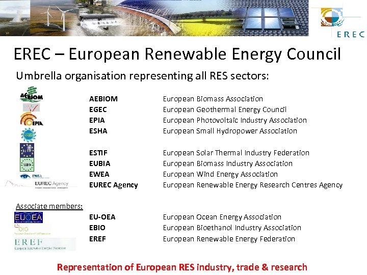 EREC – European Renewable Energy Council Umbrella organisation representing all RES sectors: AEBIOM EGEC