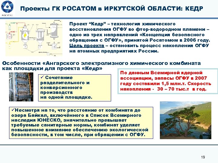 Проекты ГК РОСАТОМ в ИРКУТСКОЙ ОБЛАСТИ: КЕДР Проект “Кедр” – технология химического восстановления ОГФУ