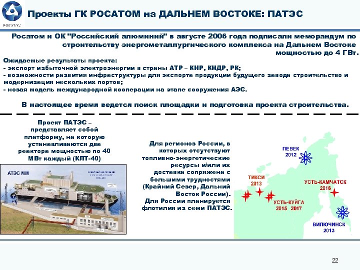 Проекты ГК РОСАТОМ на ДАЛЬНЕМ ВОСТОКЕ: ПАТЭС Росатом и ОК "Российский алюминий" в августе