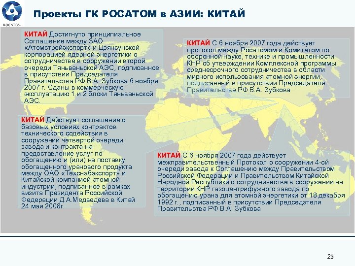 Проекты ГК РОСАТОМ в АЗИИ: КИТАЙ Достигнуто принципиальное Соглашение между ЗАО «Атомстройэкспорт» и Цзянсунской