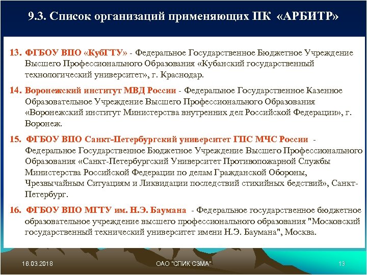 9. 3. Список организаций применяющих ПК «АРБИТР» 13. ФГБОУ ВПО «Куб. ГТУ» - Федеральное