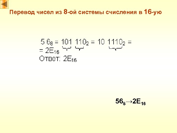 Перевод чисел из 8 -ой системы счисления в 16 -ую 568→ 2 E 16
