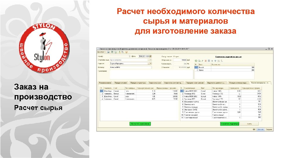 Расчет необходимого количества сырья и материалов для изготовление заказа Заказ на производство Расчет сырья