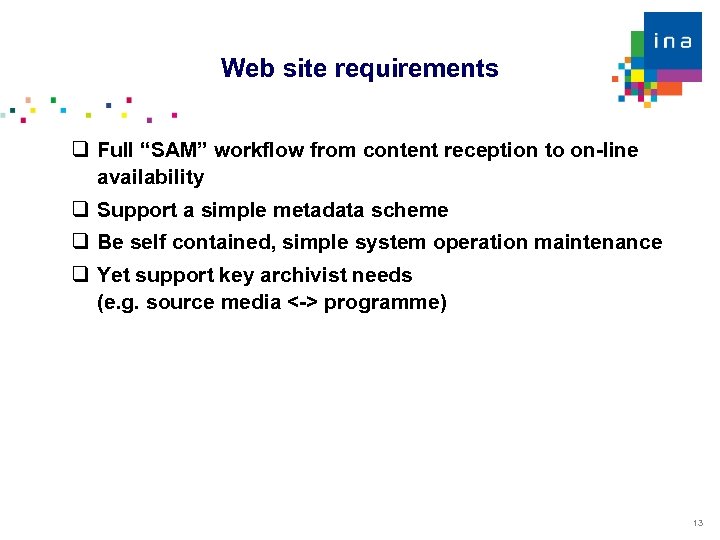 Web site requirements Full “SAM” workflow from content reception to on-line availability Support a