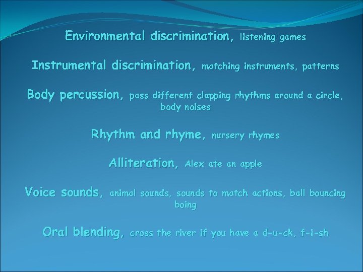 Environmental discrimination, Instrumental discrimination, Body percussion, matching instruments, patterns pass different clapping rhythms around