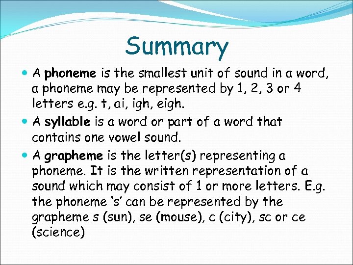 Summary A phoneme is the smallest unit of sound in a word, a phoneme