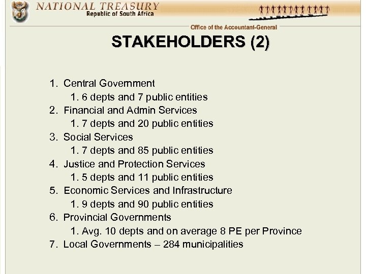 STAKEHOLDERS (2) 1. Central Government 1. 6 depts and 7 public entities 2. Financial