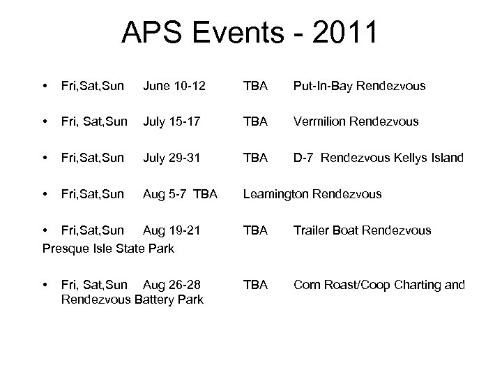 APS Events - 2011 • Fri, Sat, Sun June 10 -12 TBA Put-In-Bay Rendezvous