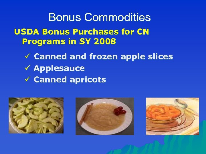 Bonus Commodities USDA Bonus Purchases for CN Programs in SY 2008 ü Canned and