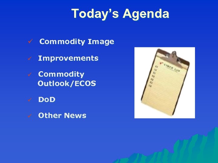 Today’s Agenda ü Commodity Image ü Improvements ü Commodity Outlook/ECOS ü Do. D ü