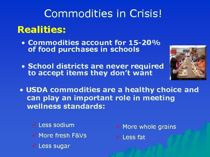 Commodities in Crisis! Realities: • Commodities account for 15 -20% of food purchases in