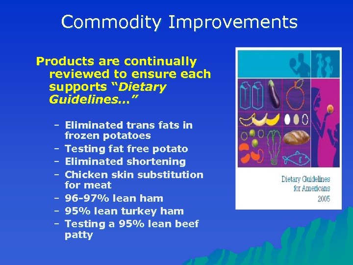 Commodity Improvements Products are continually reviewed to ensure each supports “Dietary Guidelines…” – Eliminated