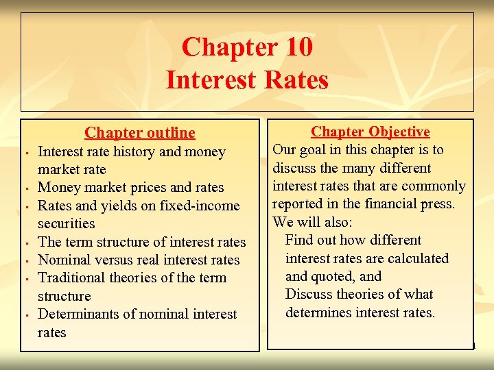 Chapter 10 Interest Rates Chapter outline • • Interest rate history and money market