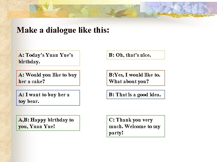 Make a dialogue like this: A: Today’s Yuan Yue’s birthday. B: Oh, that’s nice.