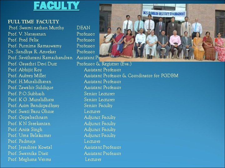 FACULTY FULL TIME FACULTY Prof. Swami nathan Murthy DEAN Prof. V. Narayanan Professor Prof.