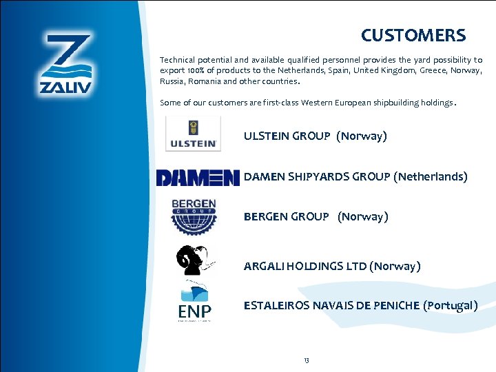 CUSTOMERS Technical potential and available qualified personnel provides the yard possibility to export 100%