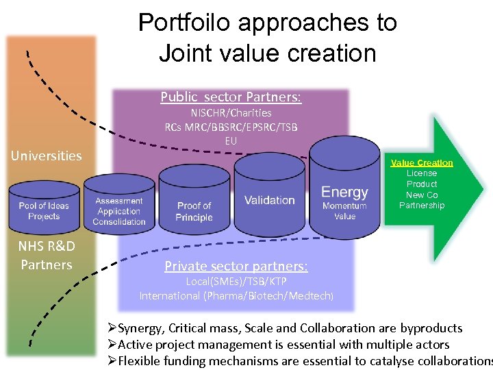 Portfoilo approaches to Joint value creation Public sector Partners: Universities NHS R&D Partners NISCHR/Charities